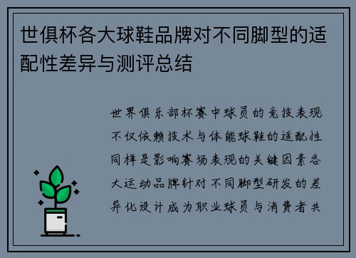 世俱杯各大球鞋品牌对不同脚型的适配性差异与测评总结