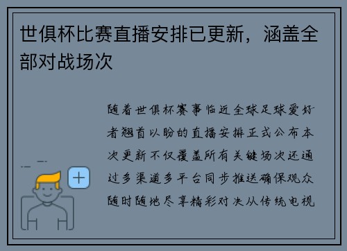 世俱杯比赛直播安排已更新，涵盖全部对战场次